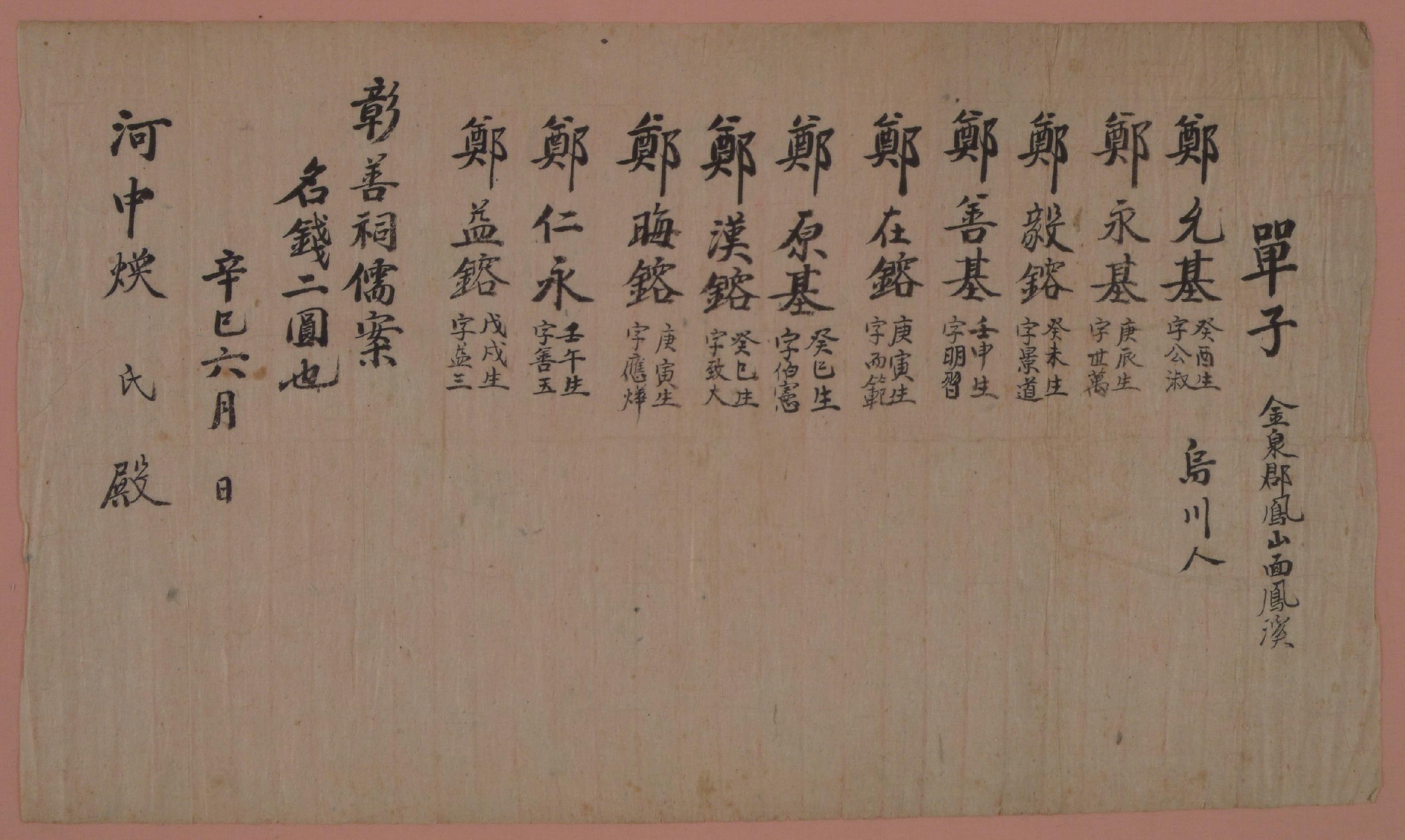 창선사(彰善祠)의 유림들이 신사년에 하중환(河中煥)씨에게 2원을 보내며 함께 보낸 단자